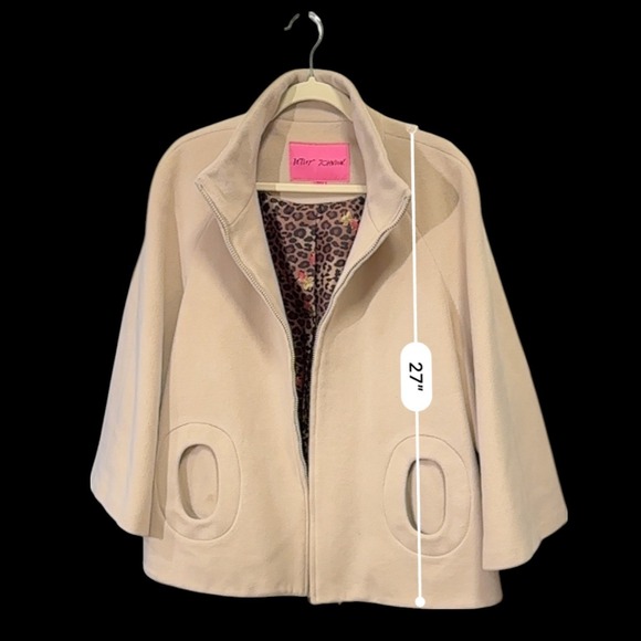 Betsey Johnson Cape Coat Wool Blend Pockets Leopard Lined‎ Beige Size M - Picture 1 of 11